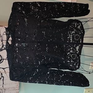 Black lace keyhole back puff sleeve blouse